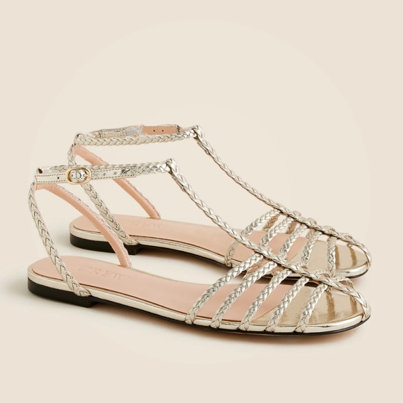 New JCREW Size 8 Braided Cage-Toe Sandals Metallic Leather White Gold $168 CK004 - Picture 1 of 8